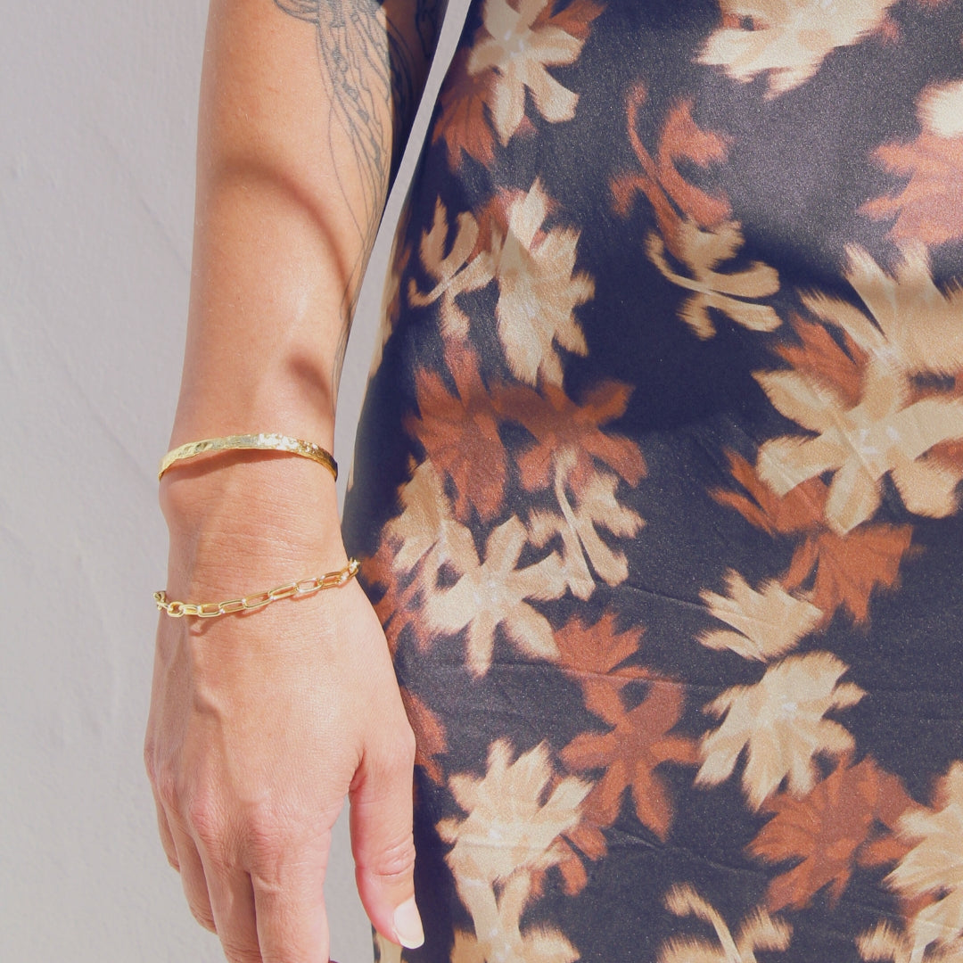 Floral dress and the Avalon cuff bracelet close up
