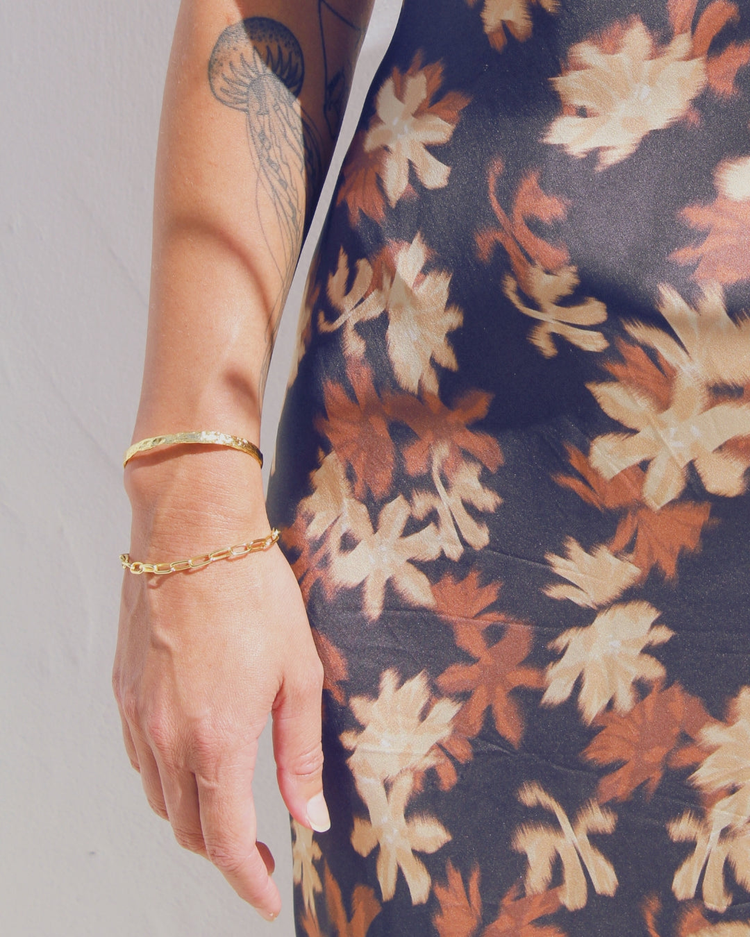 Floral dress and the Avalon cuff bracelet close up