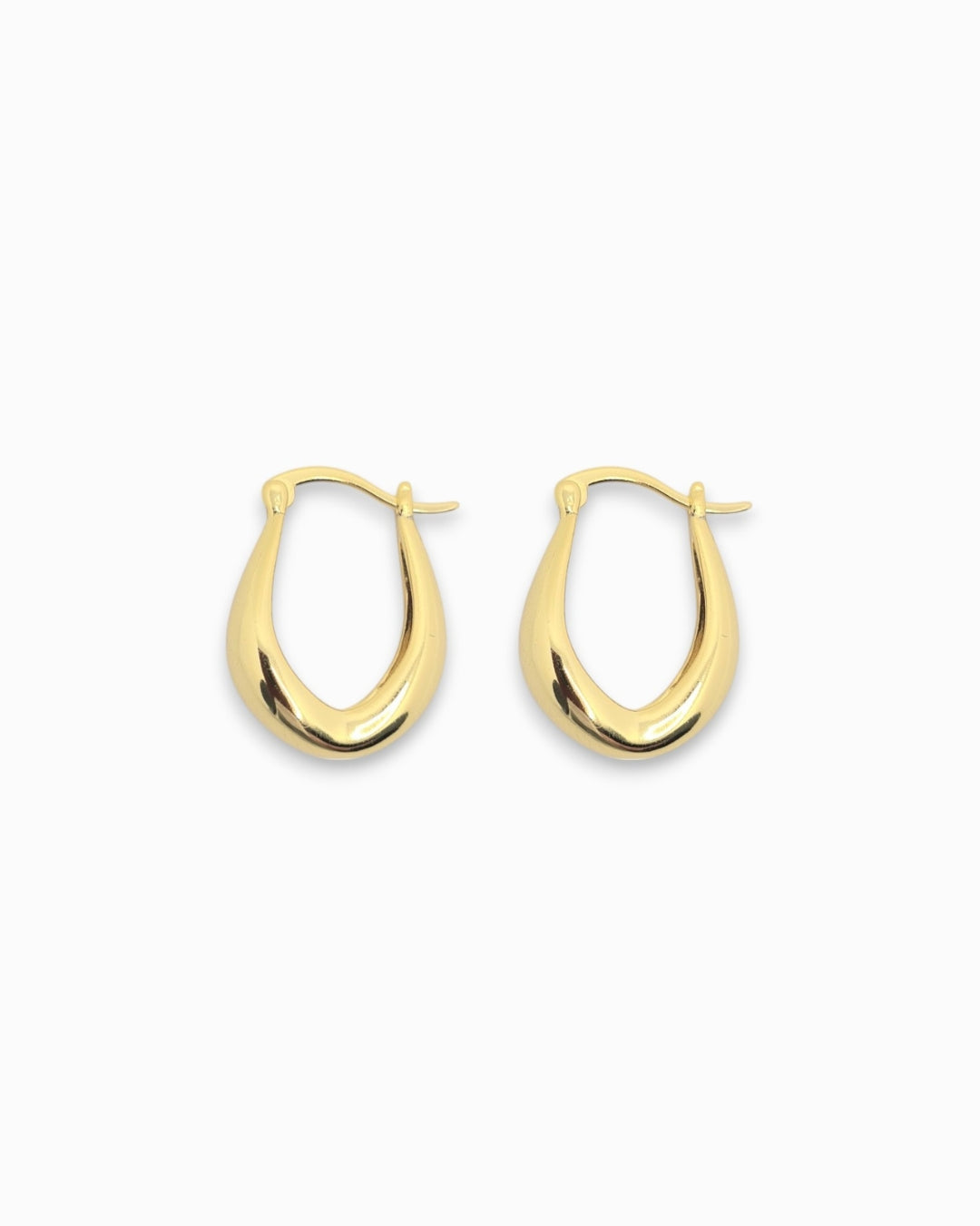 18k Gold teardrop hoop earrings on a white background
