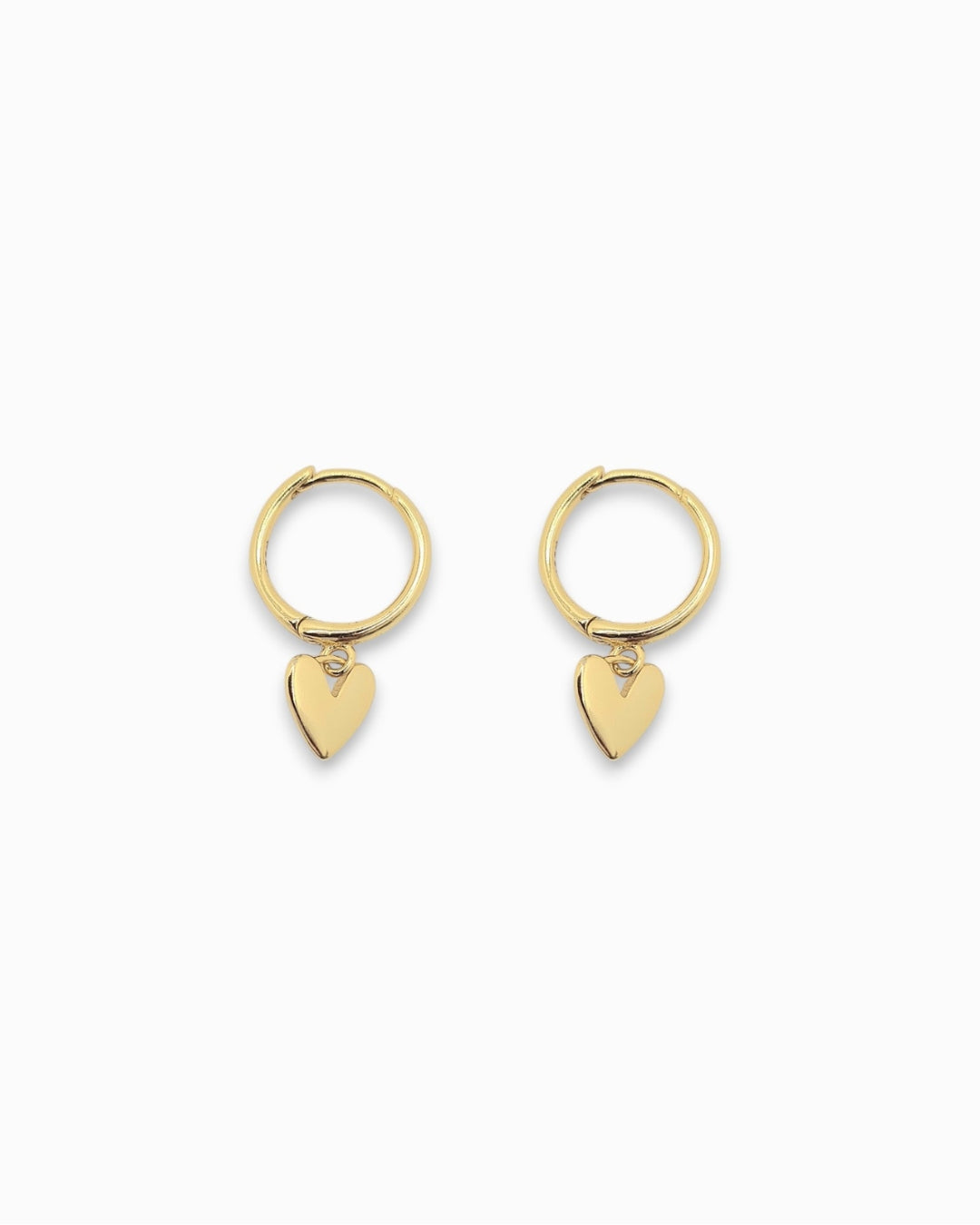 Small Gold hoop earrings with heart charms on a white background