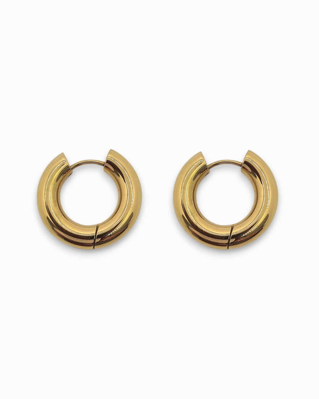 Pair of water safe 18 carat gold hoop earrings on a white background