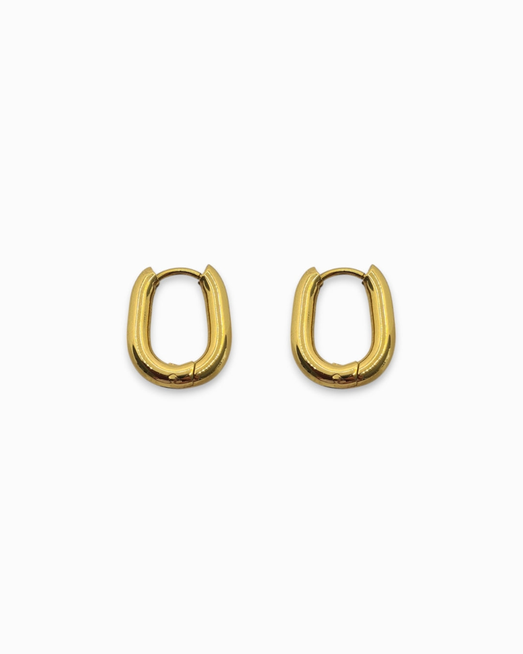 Pair of waterproof 18k gold hoop earrings on a white background