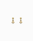 Gold  drop stud earrings with Holographic drops on a white background