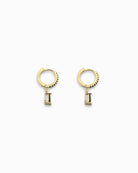 18k Gold pendant hoop earrings with small rectangular teardrop shaped black stones in the pendant flat lay on white background