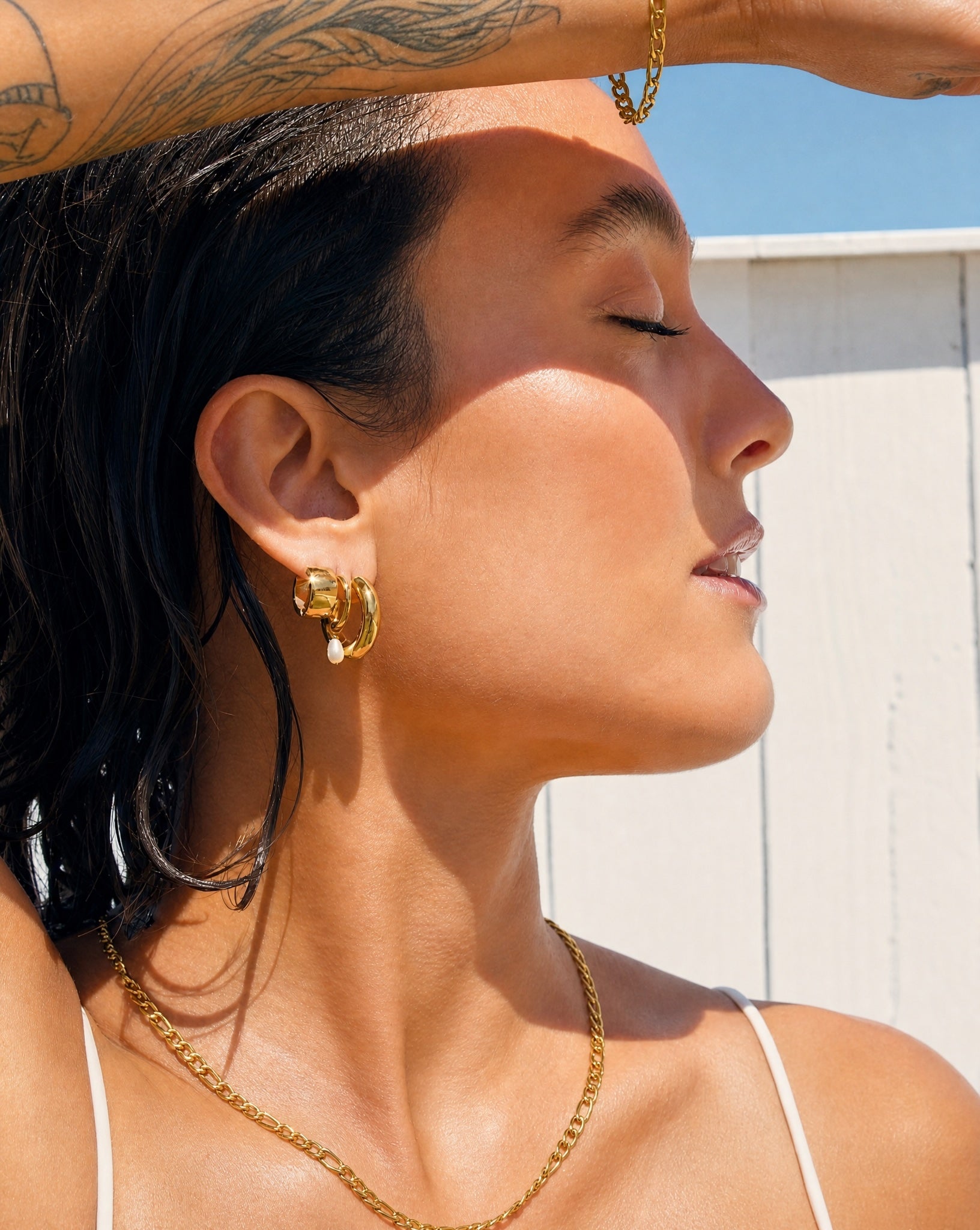 Hunter Rose Amelia waterproof gold hoop earrings styled for daily wear.