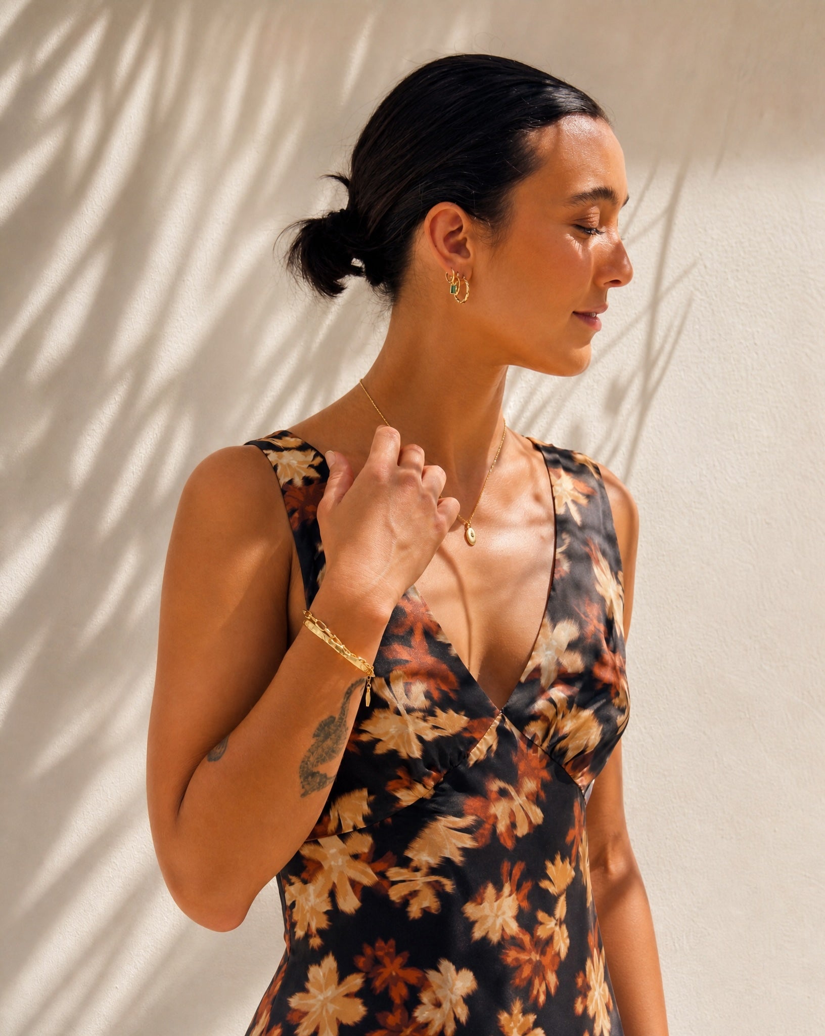Lifestyle view of the hypoallergenic Aura gold plated jewellery by Hunter Rose.