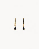 Close-up detail of the black zirconia stones on the Bronte 18k gold plated sterling silver hoops by Hunter Rose.