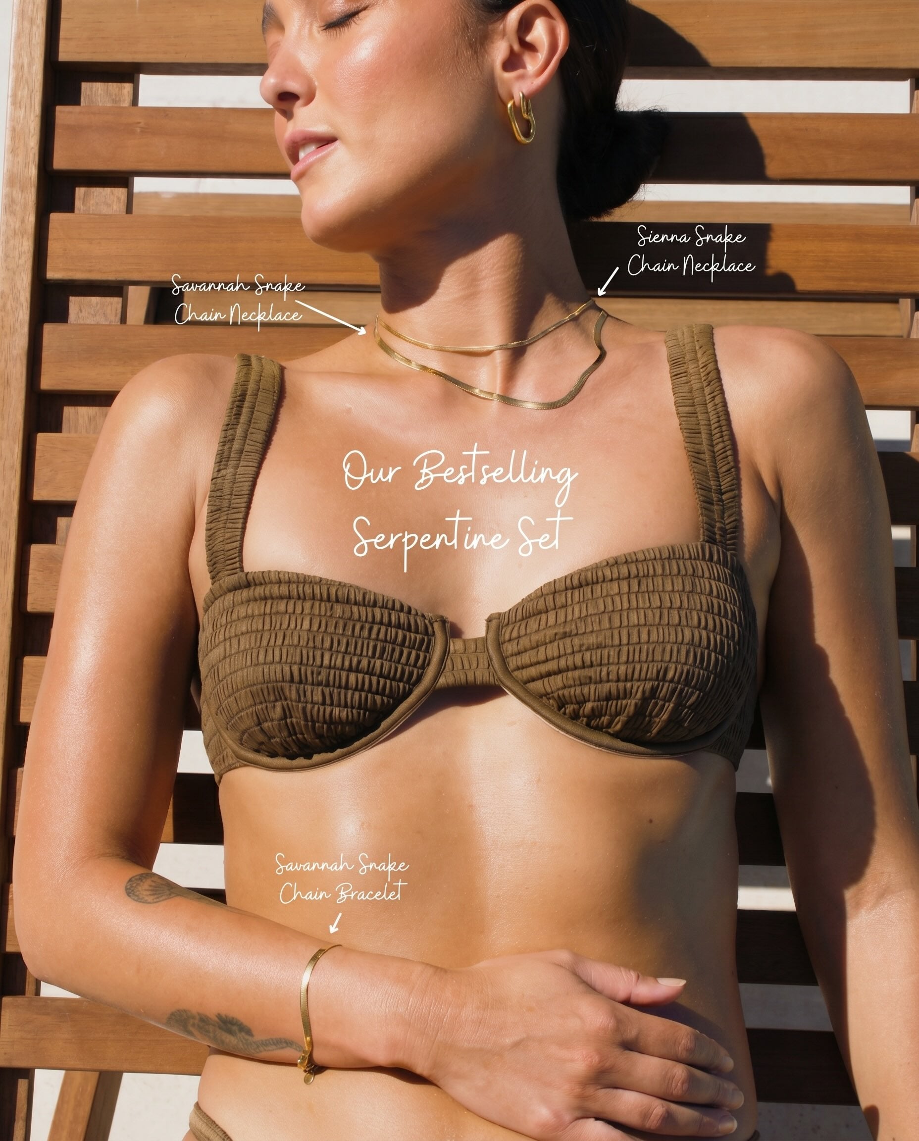 Full view of the Hunter Rose Serpentine Set in 18k gold waterproof jewellery.